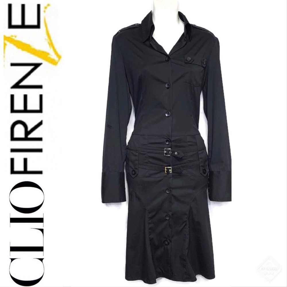 CLIO FIRENZE Shirt Dress Long Sleeve Collared Blk